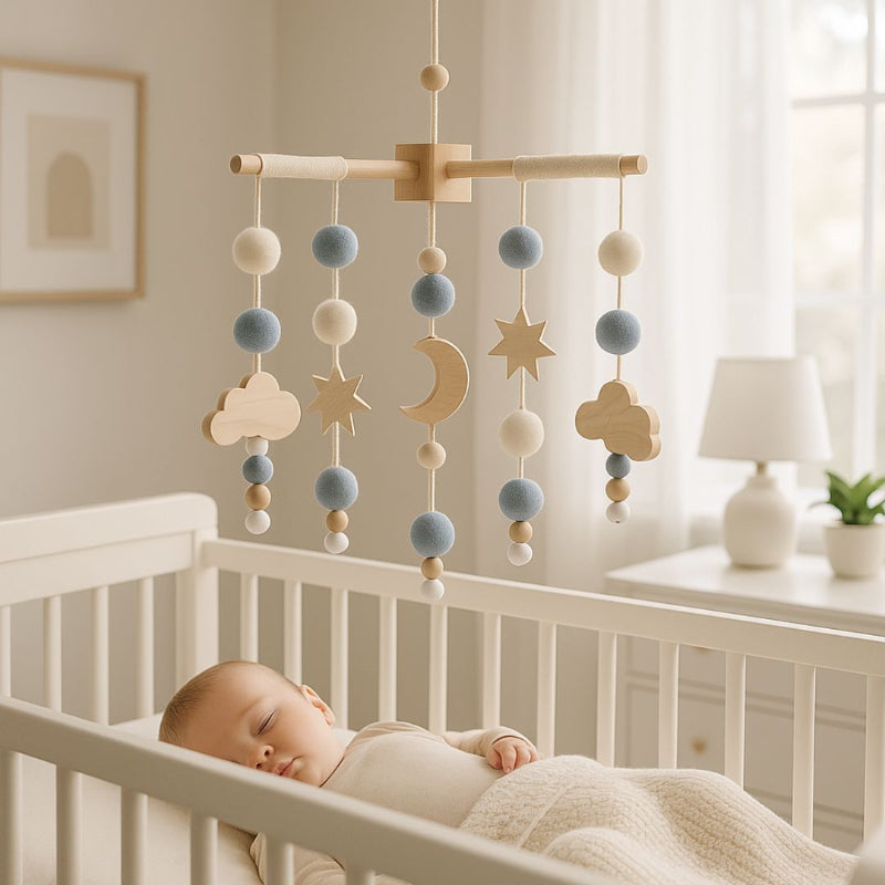Mobile suspendu au-dessus du berceau de bébé l'accompagnant dans son sommeil
