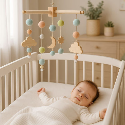 bébé endormi bercé par son compagnon coloré suspendu