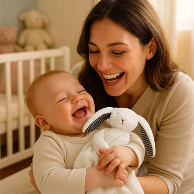 Doudou lapin blanc supporte les tractions et manipulations énergiques sans se détériorer.