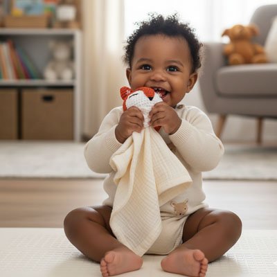 Doudou bebe renard crème à la texture dorée