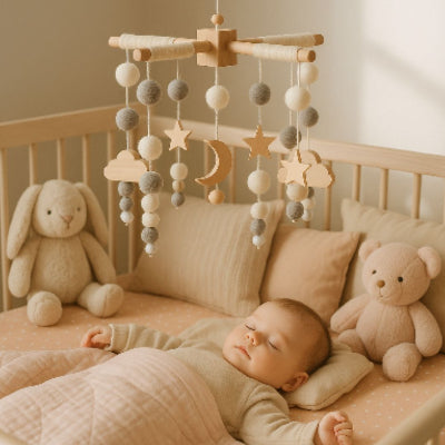 bébé endormi dans son berceau entouré de ses compagons d'apaisement